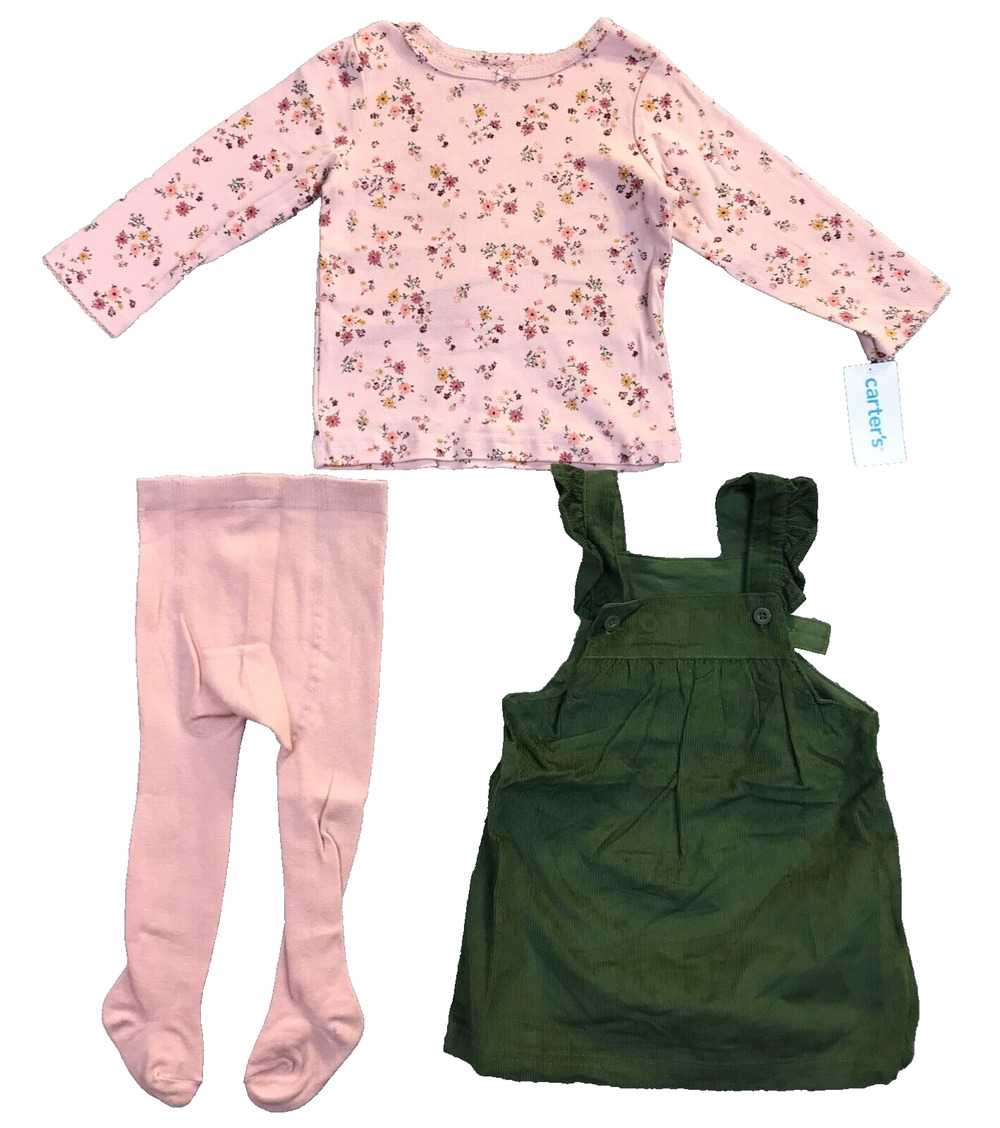 Carters Baby Girls' 3-Pc. Dress Leggings Top Pink Green Floral Set 18M NWT